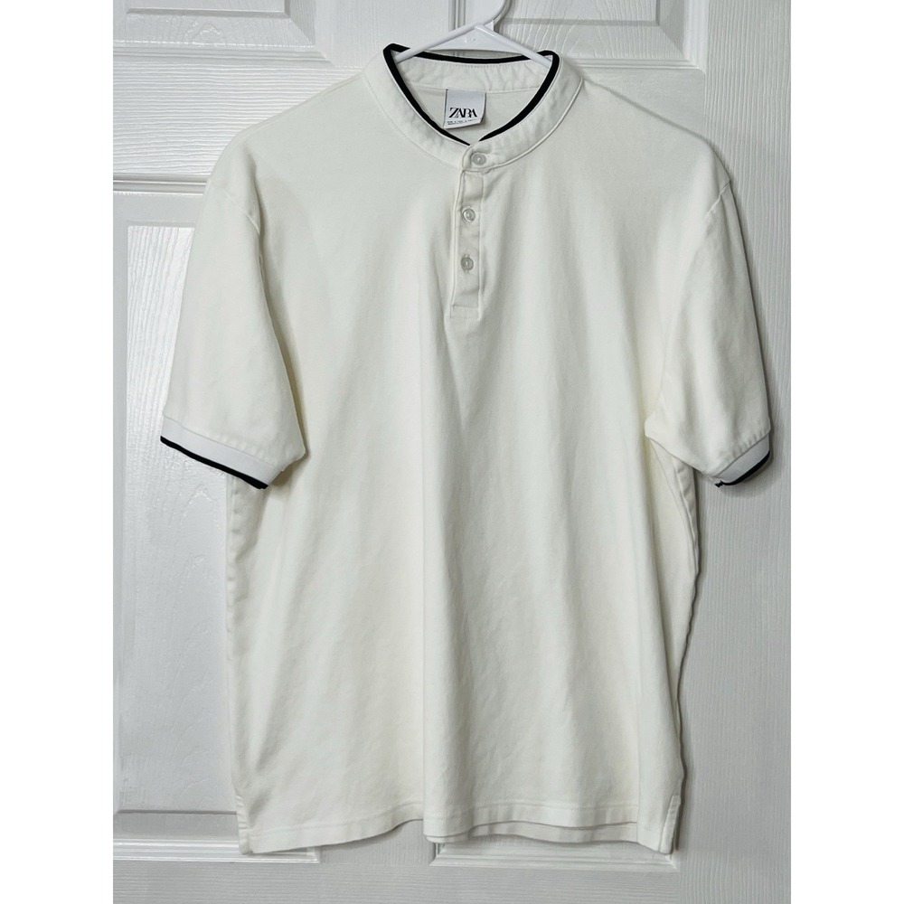 ZARA Mens Henley Shirt Size L Off-White Short Sleeve Minimalist Casual Modern